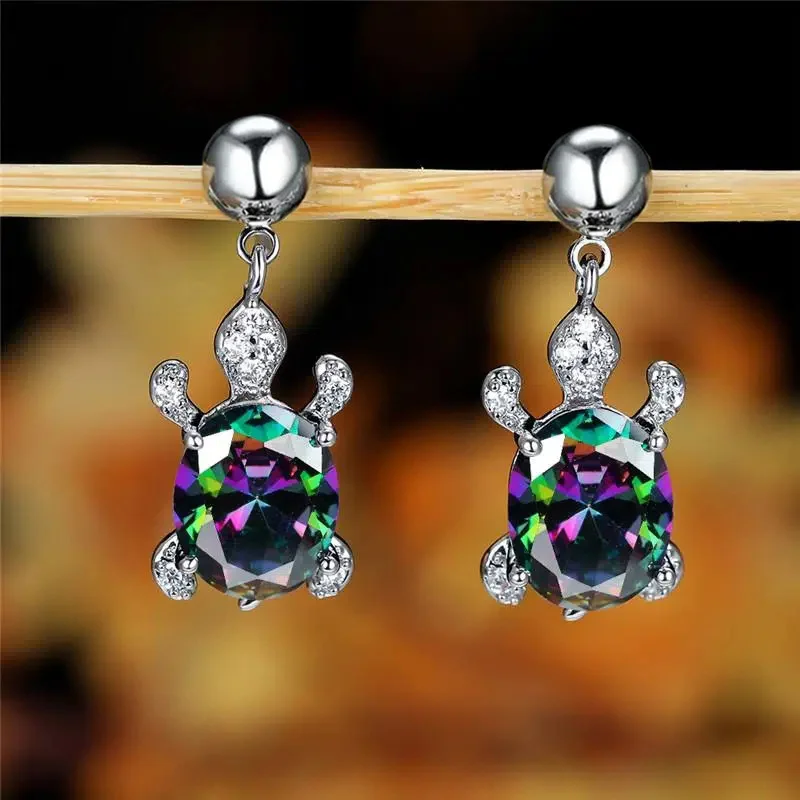 Fascinating Multicolored Zirconia Earrings in Turtle Design