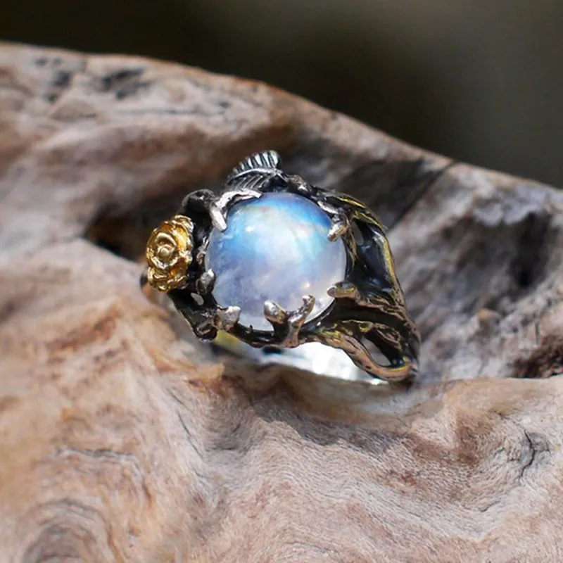 Exquisiter Vintage Silber Mond Kristall Ring