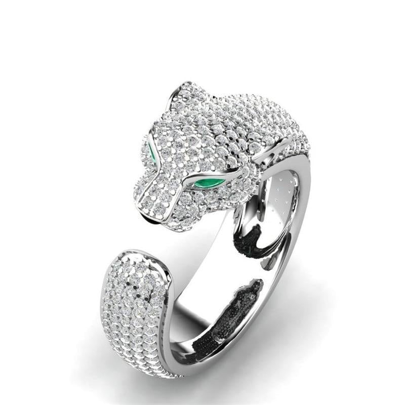 Eleganter verstellbarer Jaguar-Ring aus hochwertigem 18K Silber und 18K Roségold, funkelnd mit grünen Zirkonia-Augen