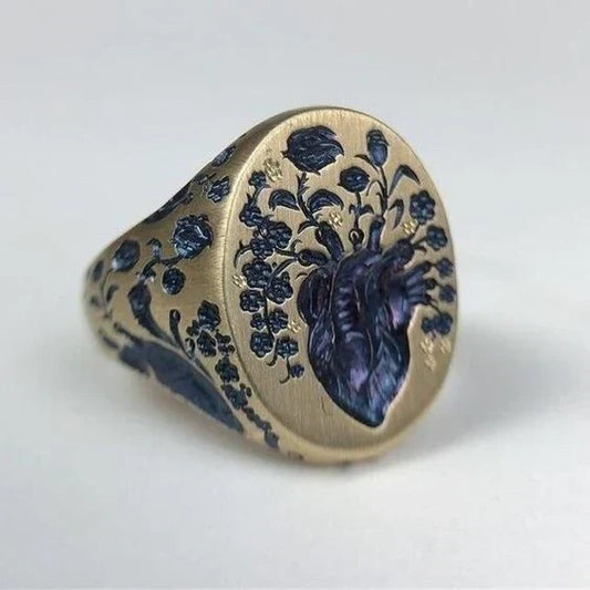 Bezaubernder Vintage Blütenring in Blau mit Gold