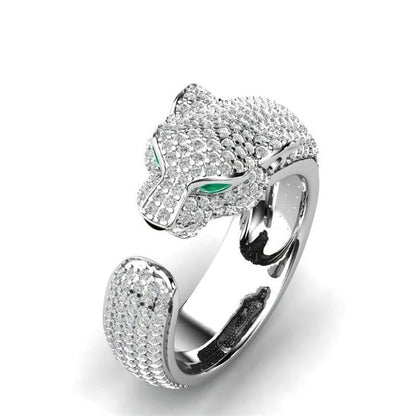 Eleganter verstellbarer Jaguar-Ring aus hochwertigem 18K Silber und 18K Roségold, funkelnd mit grünen Zirkonia-Augen