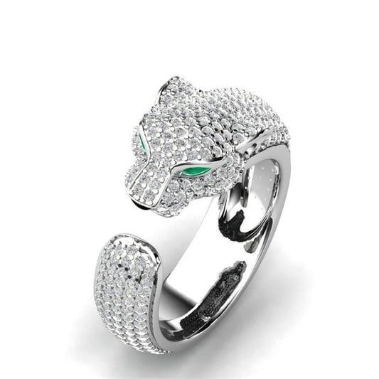Eleganter verstellbarer Jaguar-Ring aus hochwertigem 18K Silber und 18K Roségold, funkelnd mit grünen Zirkonia-Augen
